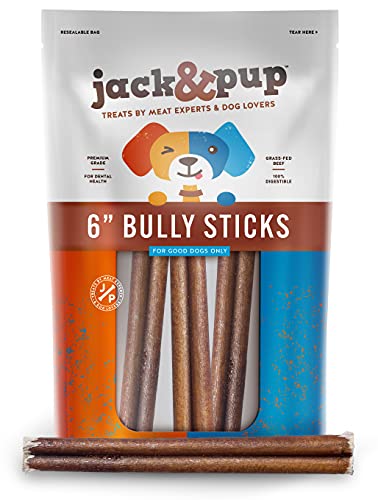 Jack&Pup 6 Inch Thick Bully Sticks for Medium Dogs, Dog Bully Sticks for Small Dogs -6" Bully Sticks for Puppies Natural Bully Sticks Odor Free Long Lasting Dog Chews, Beef Bully Stick (3 Pack)