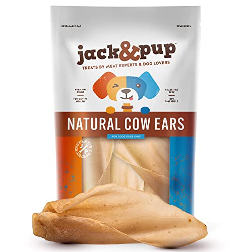 Jack&Pup Natural Cow Ears for Dogs Single Ingredient Dog Treat, Unbleached Healthy Dog Treats Natural Dog Treats for Medium Dogs with Chondroitin Joint Health for Dogs Cow Ear Dog Chews (15 Pack)