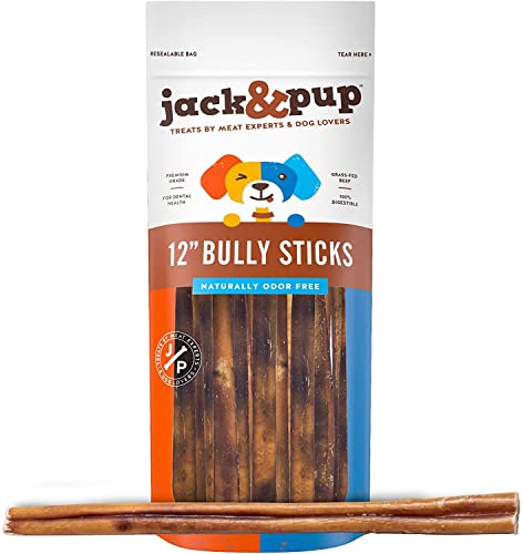 Jack&Pup Thick Bully Sticks 12 Inch Premium Dog Bully Sticks for Large Dogs Aggressive Chewers - All Natural Bully Sticks Odor Free 12" Large Bully Sticks, Long Lasting Dog Chews Bully Stick (5 Pack)