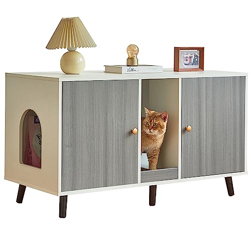 JanflyHome Cat Litter Box Enclosure - Double Hidden Litter Box Furniture for 2 Cats with Cardboard Large Space - Indoor Pet House Crate Cabinet - Modern Design - 42.5"*19.6"*23.8" - Grey