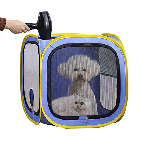 K ERATISNIK Pet Dog Drying Box Portable Pet Dryer Cage Foldable Pet Dry Room Dog Hair Drying Box for Small Medium Dogs Cats Anti-Hair Flying Drying Crate Cage (Blue)