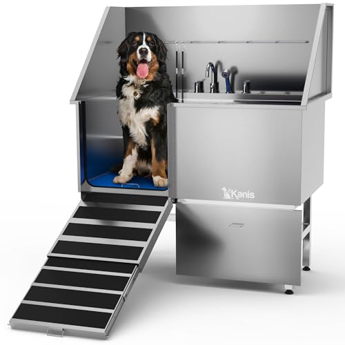 KANIS Professional Stainless Steel Dog Bathing Station - Dog Grooming Tub w/Ramp, Storage Drawer, Floor Grate & Faucet/Dog Bathtub for Large,Medium & Small Pets - Dog Washing Station for Home (50")