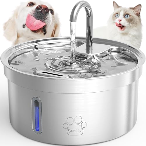 Kastty Cat Water Fountain, Food Grade 304 Stainless Steel Pet Fountain, 135oz/4L Dog Fountain with Five Filtration& Smart Safe LED Pump& Water Reminder Window, Heavy Duty Better-Quality for Cats Dogs