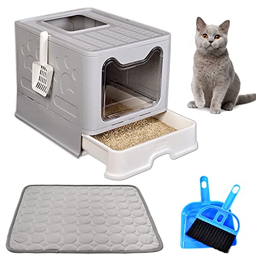 Top Entry Cat Litter Box with Lid, Foldable Cats Litter Box Include Litter Scoop, Enclosed Kitty Litter Box with Drawer Tray Easy Clean, Grey