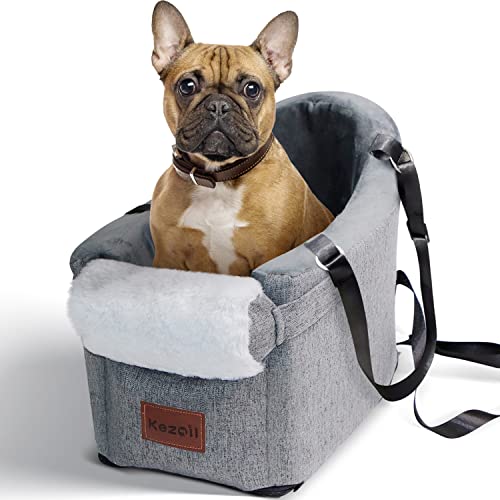 Kezoil Pet Dog Car Seat,Dog Dooster Seat for Small Dogs 0-15lbs,Puppy Car Seat with Safety Tethers and Pad,Center Console Dog Seat Fit for Single/Double Door Armrest(Grey)