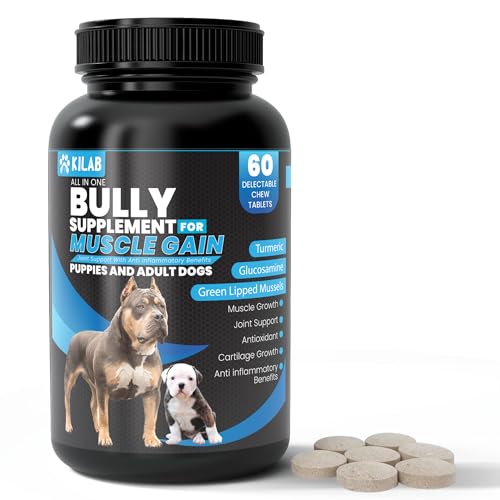 Kilab Dog Weight Gainer – 60-Count Muscle Builder Dog Supplement – Muscle Growth Supplement for Dogs, Puppies and Adults – Bully Growth Formula with Turmeric, Glucosamine, Green Lipped Mussels