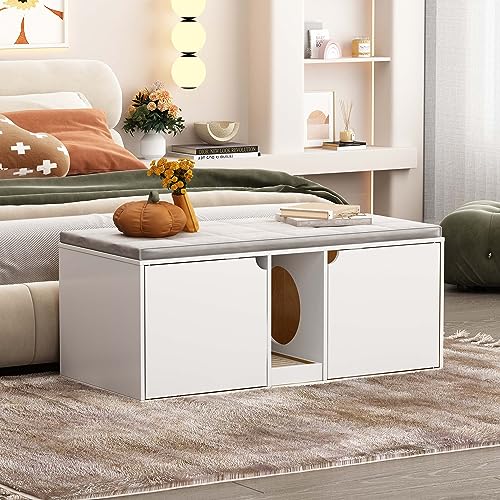 Kingdely Cat Litter Box Enclosure Furniture for 2 Cats, Modern Wood Stackable Hidden Large Cat Washroom Storage Cabinet Bench Nightstand End Table Furniture,with Removable Litter Catcher Box, White