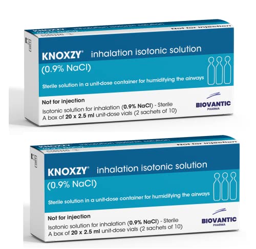 KNOXZY Sterile Isotonic Saline Solution 0.9% - Sodium Chloride NaCl - Inhalation Saline Solution for Humidifying The Airways – 20 X 2.5 ml Unit Dose Vials, Pharmaceutical Grade (Pack of 2)