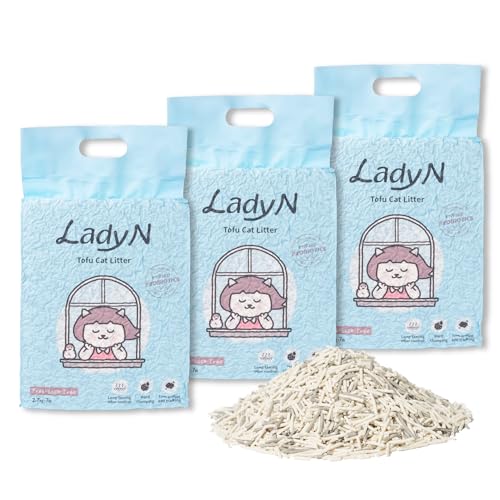 Lady N - Tofu Cat Litter, Strong Clumping Ultra Absorbent, Dust-Free Low Tracking, Enviro-probiotic and Activated Carbon for Odor Control 18lb (3 Packs Unscented)