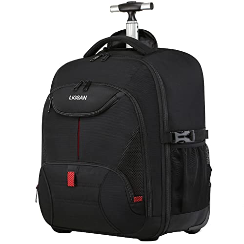 Large Rolling Backpack with Wheels for Men Women Adults, 17inch Waterproof Wheeled Travel Laptop Backpack, Carry on Luggage Trolley Suitcase Business Computer Bag, Black