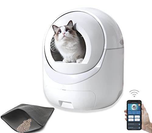 Large Self Cleaning Cat Litter Box, Pretty Automatic Cat Litter Box Robot with APP Control & Safe Alert & Smart Health Monitor for Kitty, Tidy Multiple Cats (White)