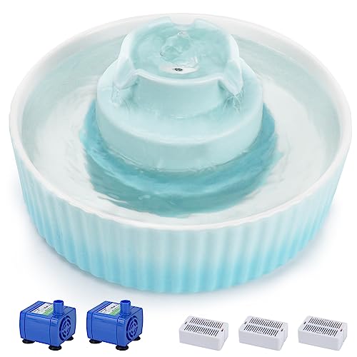 Lawfery Ceramic Cat Water Fountain, 2.1L/70oz Cat Fountain with 3 Carbon Filters and 2 Water Pumps, Cupcake Pet Water Fountain for Cats and Dogs (Light Blue)