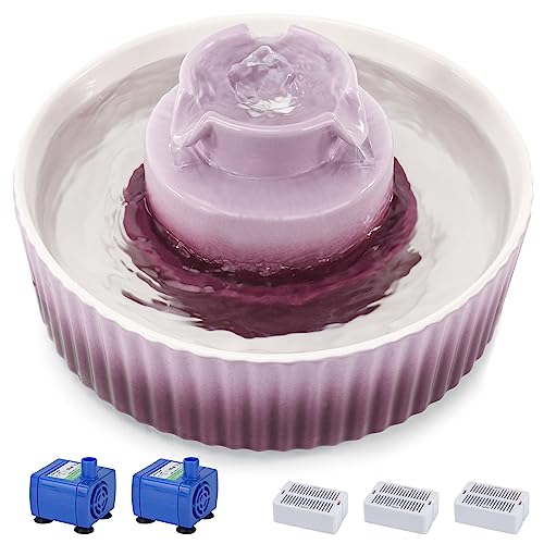 Lawfery Ceramic Cat Water Fountain, 2.1L/70oz Cat Fountain with 3 Carbon Filters and 2 Water Pumps, Cupcake Pet Water Fountain for Cats and Dogs (Purple)