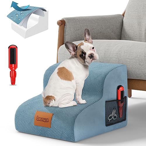 Lesnox Dog Stairs, 2-Step Foam Dog Steps for Couch, Non-Slip Pet Steps with Waterproof Cover, Pet Stairs for Small Dogs with Old/Injured, Dog Ramp with Pocket, Send A Pet Hair Remover, 11.8" H