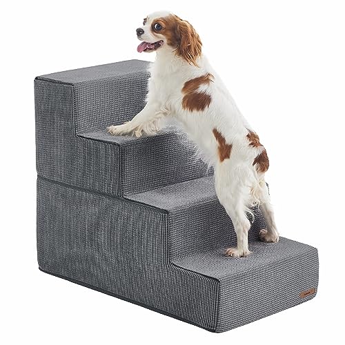 Lesure Dog Stairs for High Beds - Extra Wide Pet Stairs for Large/Medium/Small Dogs and Old Cats, Foldable Dog Steps with CertiPUR-US Certified Foam and Non-Slip Bottom, Grey, 4 Steps