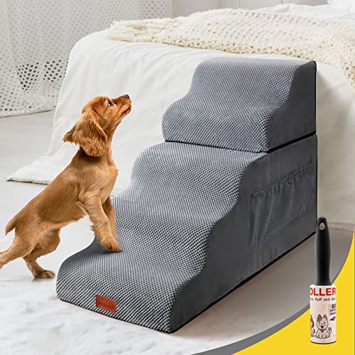 LOOBANI Dog Stairs, 5 Steps Soft Foam Dog Steps for Bed, Easy to Up and Down Non-Slip Sturdy Pet Stairs with Pockets, Dog Ramp for Small Dogs, Older Pets - Grey (Grey-5 Tiers)