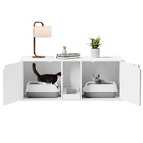 Lovinouse Hidden Cat Litter Box Enclosure Furniture, Cat Washroom with Double Room and Litter Catch, Wooden Cat House Side End Table Nightstand for Indoor (White)