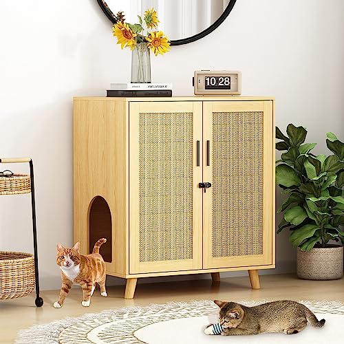 Lovinouse Large Cat Litter Box Enclosure, Hidden Cat Washroom Furniture with Sisal Covered Doors, 2 Layer Wooden Cat Cabinet with Adjustable Shelf, Side Table TV Stand for Living Room