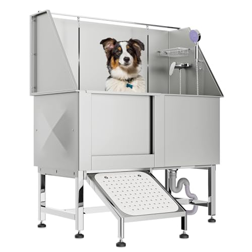 Magshion 50" Dog Bathtub for Large Dogs, Professional Stainless Steel Dog Washing Station with Retractable Ramp, Pet Bathing Station with Liftable Floor Grate Dogs, 250 lb. Capacity