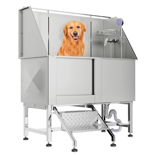 Magshion 50" Dog Grooming Tub for Large Dogs, Professional Stainless Steel Dog Bath Tubs with Retractable Steps, Liftable Floor Grate Pet Bathing Station Dogs, 250 lb. Capacity