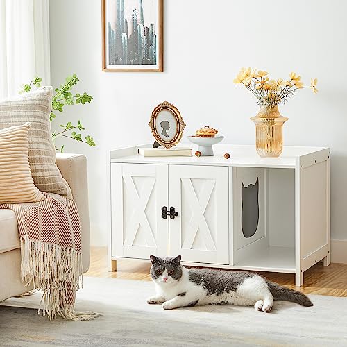 MAHANCRIS Cat Litter Box Enclosure, Hidden Litter Box Furniture with Divider, Wooden Cat Washroom Storage Cabinet Bench, Indoor Cat House as Table Nightstand, for Living Room, Bedroom, White CWWT2501