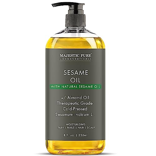 MAJESTIC PURE Sesame Oil | 100% Natural Sesame Oil for Skin, Hair, Nails, Scalp | Moisturizing & Hydrating Massage Oil for Dry Skin | Nourishing After Shower & Bath Oil | 8 Fl Oz