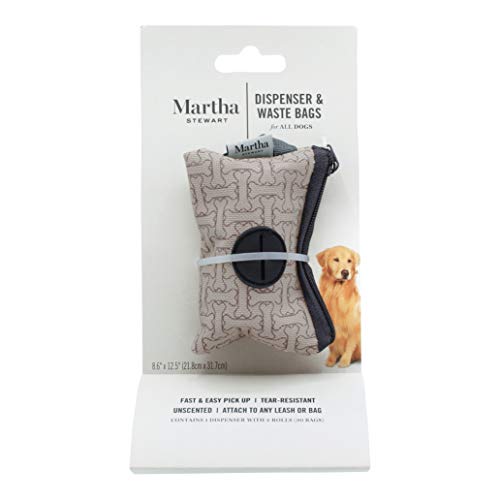 Martha Stewart for Pets Waste Bag Dispenser and Bags for All Dogs | Dog Bag Holder and 30 Unscented, Tear-Resistant Dog Poop Bags | Great for Dog Walking Everyday Use Puppy Supplies