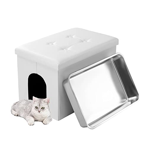 MEEXPAWS Stainless Steel Cat Litter Box Enclosure Furniture Hidden, Large Cat Washroom Bench 25x 18 x 18in Urine Proof Inside, Easy to Clean and Assemble, Dog Proof (White)