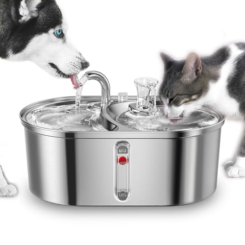 MewDgland Cat Water Fountain 3L/101oz Stainless Steel, 2 in 1 Cat Food Bowl and Pet Water Fountain for Cats Inside, Quiet Automatic Water Dispenser for Dogs and Cats