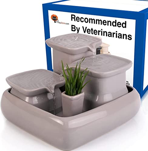 Miaustore Premium Ceramic Cat Water Fountain - Motion Sensor Activated, 120oz/3.4l, Doesn’t Need Filters, Easy to Clean, Dishwasher Safe, Pet Drinking Fountain with Bowl for Cat Grass Inside - Grey