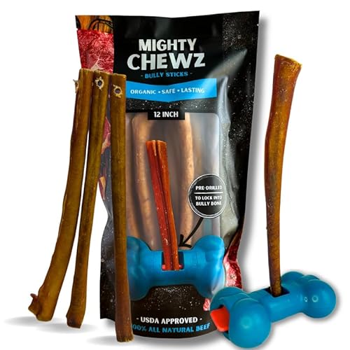 Mighty Chewz 12" Jumbo Bully Sticks (5 Pack) with Bully Stick Safety Device - No Choking/All Natural Pizzle Sticks and Bully Stick Holder