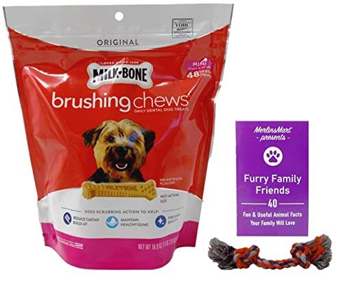 Milk-Bone Brushing Chews Dental Dog Treats - Mini Snacks for Small Breeds (48 Count) - Plus Rope Toy and Fun Animal Facts Booklet Bundle