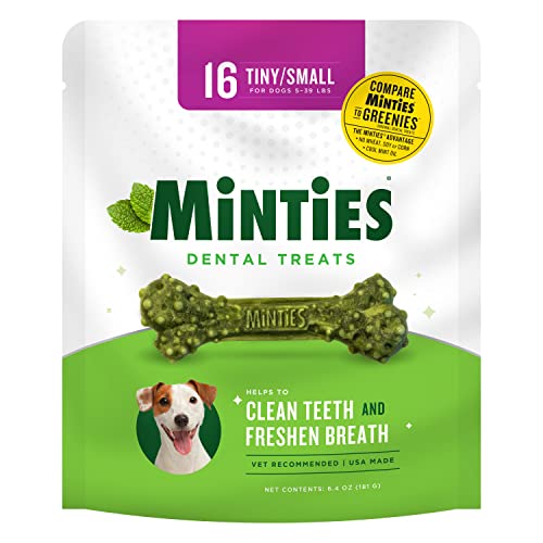 Minties Dental Chews for Dogs, Vet-Recommended Mint-Flavored Dental Treats for Tiny/Small Dogs 5-39 lbs, Dental Bones Clean Teeth, Fight Bad Breath, and Removes Plaque and Tartar, 16 Count