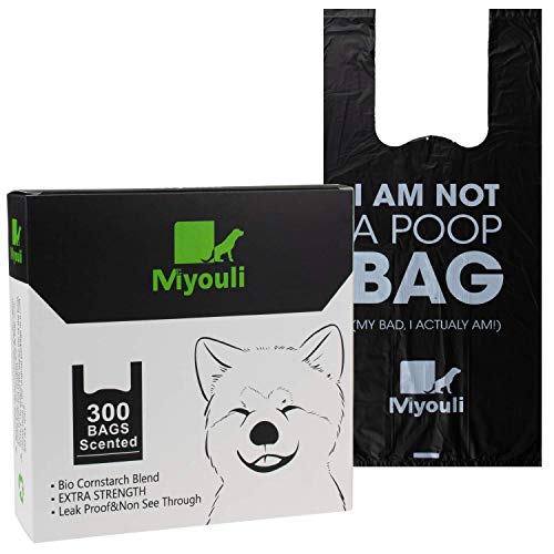 Miyouli 300 Counts Extra Thick Black Biodegradable Pet Poop Waste Bags With Handles for Dogs Ocean Wind-Scented