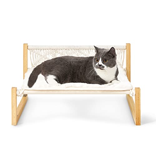 Mkono Boho Cat Bed Hammock with Blanket, Macrame Elevated Pet Bed for Indoor, Floor Standing Breathable Cat Chair 21 X 16.7 Inch Pet Resting Hammock Cat Furniture Gift for Cats and Small Dogs