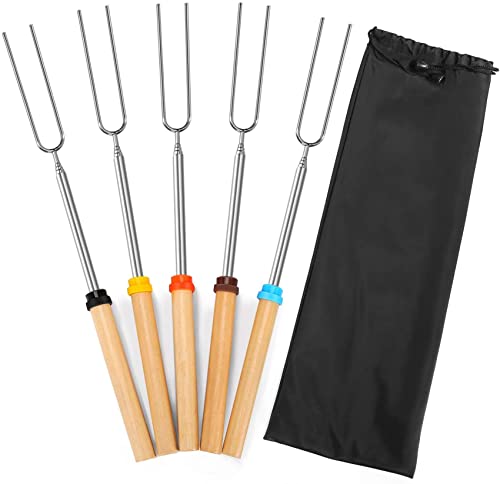 Mluchee 5Pack Smores Sticks Marshmallow Roasting Stick for Fire Pit 32inch Telescoping Sausage BBQ Hot Dog Forks Portable Carrying Bag for Camping, Backyard