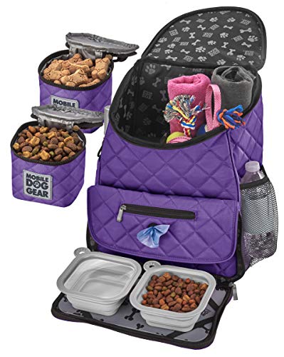 Mobile Dog Gear, Dog Travel Bag, Deluxe Quilted Weekender Backpack, Includes Lined Food Carriers and 2 Collapsible Dog Bowl, Purple