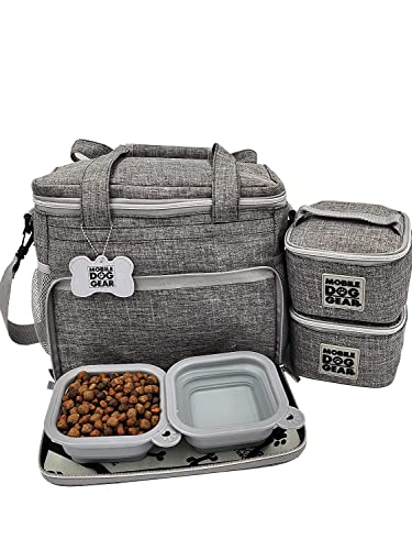 Mobile Dog Gear, Week Away Dog Travel Bag for Small Dogs, Includes 2 Lined Food Carriers and 2 Collapsible Dog Bowls, Meets Airline Requirements, Heathered Gray