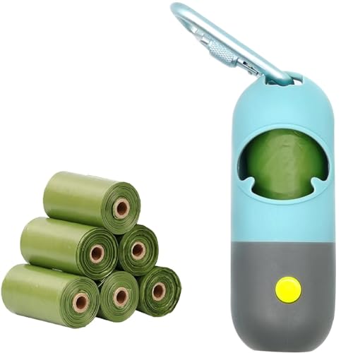 Morn Light Poop Bag Holder with Flashlight Waste Bag Dispenser for Leash Dog Bag Holder with Clip Poop Bag Dispenser with Green Scented Poop Bags Rechargable USB Cable(Blue,1 Dispenser 105 Bags)