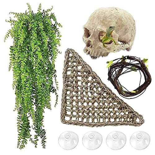 MUYG Bearded Dragon Skull Hide Decor,Reptile Natural Seagrass Hammock Lizard Lounger Reptiles Tank Accessories Jungle Climber Bendable Vine Habitat Decorations for Chameleon Spider Snakes(4Pcs)