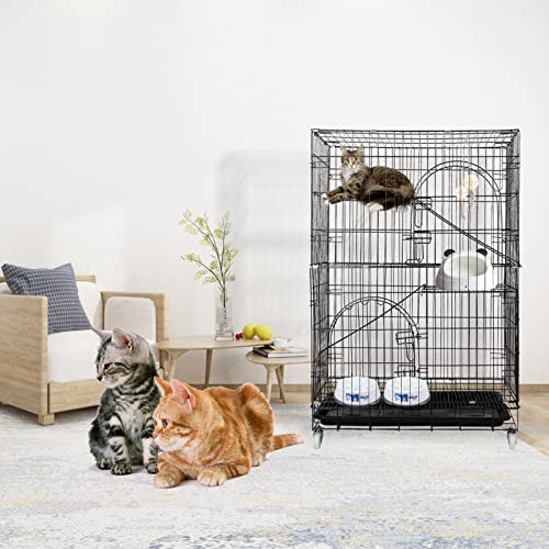 MYOYAY 43'' 3-Tier Cat Cage Cage for Cat Foldable Cat Cage Indoor Cat Enclosure with Rotating Casters Ramp Ladders Perching Shelves and Slide-Out Tray for Indoor Kitten