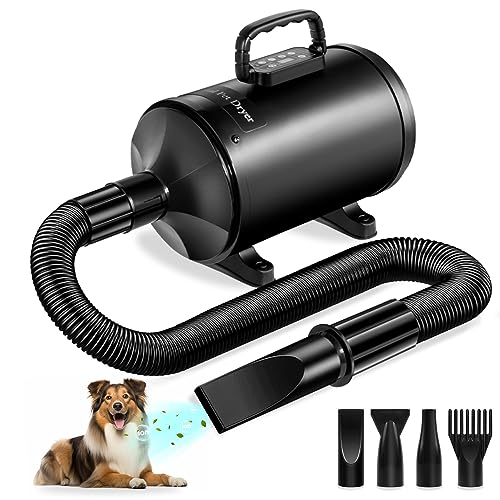 NATGIFT Pet Hair Force Dryer Dog Dryer for Grooming 5.2HP/3800W 6-Speed Adjustable Wind Speed Control with Negative Ions, Temperature Digital Display Dog Blow Dryer, 4 Nozzles, Black