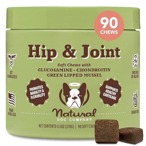 Natural Dog Company Hip & Joint Chews, Chicken Liver & Turmeric Flavor, with Glucosamine Chondroitin for Dogs, Maintains Bone and Joint Health, Supplements for Seniors and Puppies, 90 Count