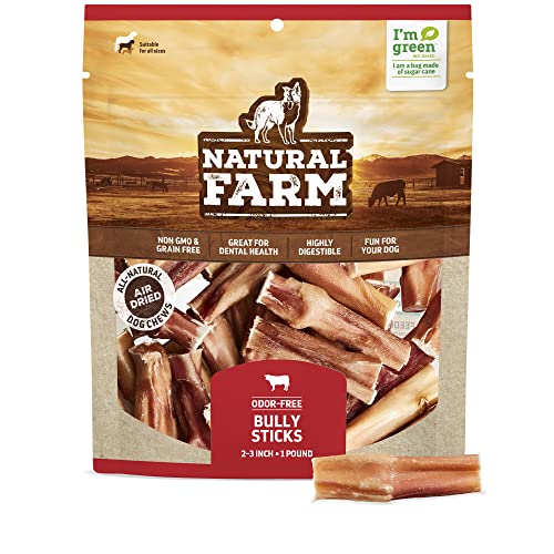 Natural Farm Odor Free Bully Sticks (2-3 Inch, 1 Pound) for Small & Medium Dogs - 100% Beef Chews for Pups, Non-GMO, Grain-Free, Fully Digestible Long Lasting Dog Treats