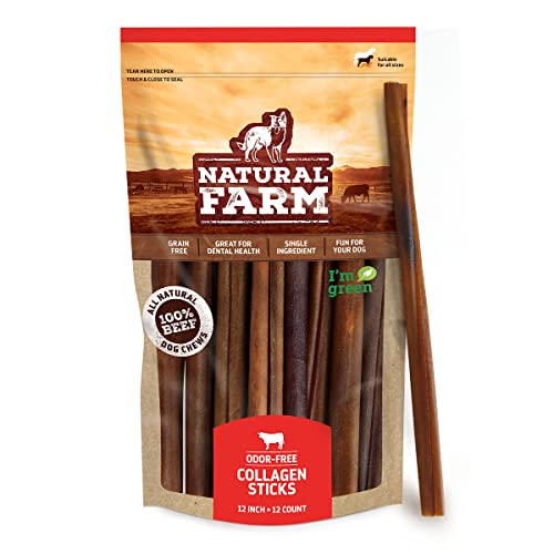 Natural Farm Odor-Free Collagen Dog Chews, (12-Inch, 12-Pack), Long Lasting Bully Sticks & Rawhide Alternative Dog Treats, 95% Collagen, High Protein Best Dental Dog Treats – Medium & Large Dogs