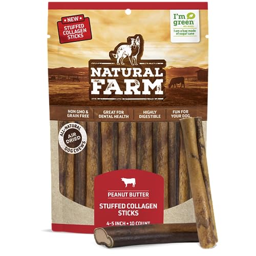 Natural Farm Peanut Butter Stuffed Collagen Chews for Dogs (4-5 Inch, 10 Pack), Rawhide-Free Collagen Sticks, Odor-Free Natural Dog Chews, Long Lasting Treats for Small, Medium Dogs