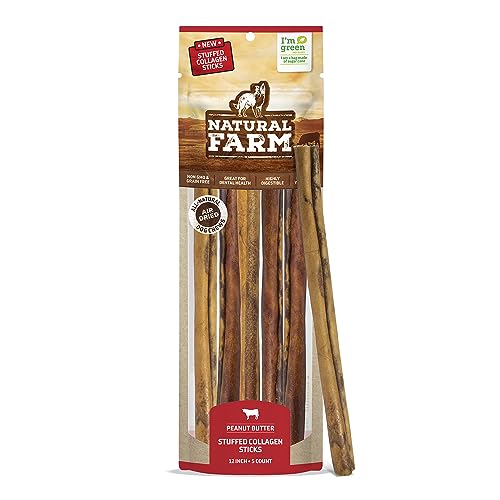 Natural Farm Peanut Butter Stuffed Collagen Sticks for Dogs (12 Inch, 5-Pack), Rawhide-Free Collagen Sticks, Natural Long Lasting Dog Chews for Small, Medium and Large Dogs, Great Rawhide Alternative