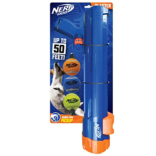 Nerf Dog Large Size Tennis Ball Blaster Dog Toy, Great for Fetch, Hands-Free Reload, Launches up to 50 ft, Single Unit, 20in Blaster with 3 Balls in Mesh Bag, Blue/Orange, Blue, Green and Orange