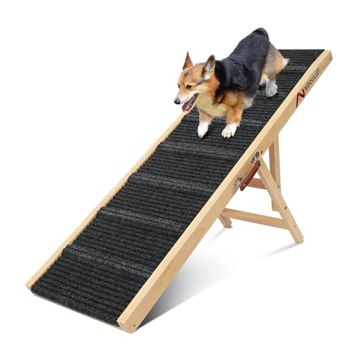 Nidouillet Dog Ramp for Bed, 47.2" Long Wooden Foldable Dog Ramp, 6 Adjustable Heights from 15.7" to 27.6" with Anti-Slip Traction Mat, Portable Pet Ramp for Car, Bed, Couch, Max 200lbs