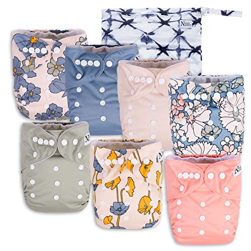 Nora's Nursery Cloth Diapers 7 Pack with 7 Bamboo Inserts & 1 Wet Bag - Waterproof Cover, Washable, Reusable & One Size Adjustable Pocket Diapers for Newborns and Toddlers - Delilah